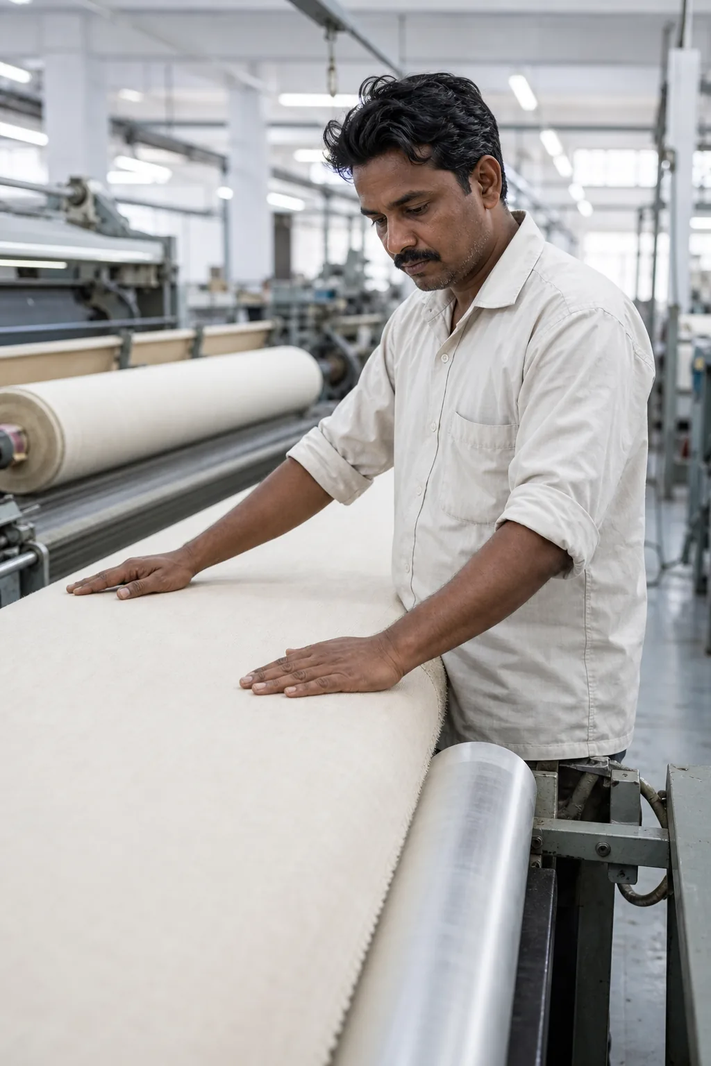 Weaver inspecting freshly woven greige cloth coming off the beam at the Ambica mill