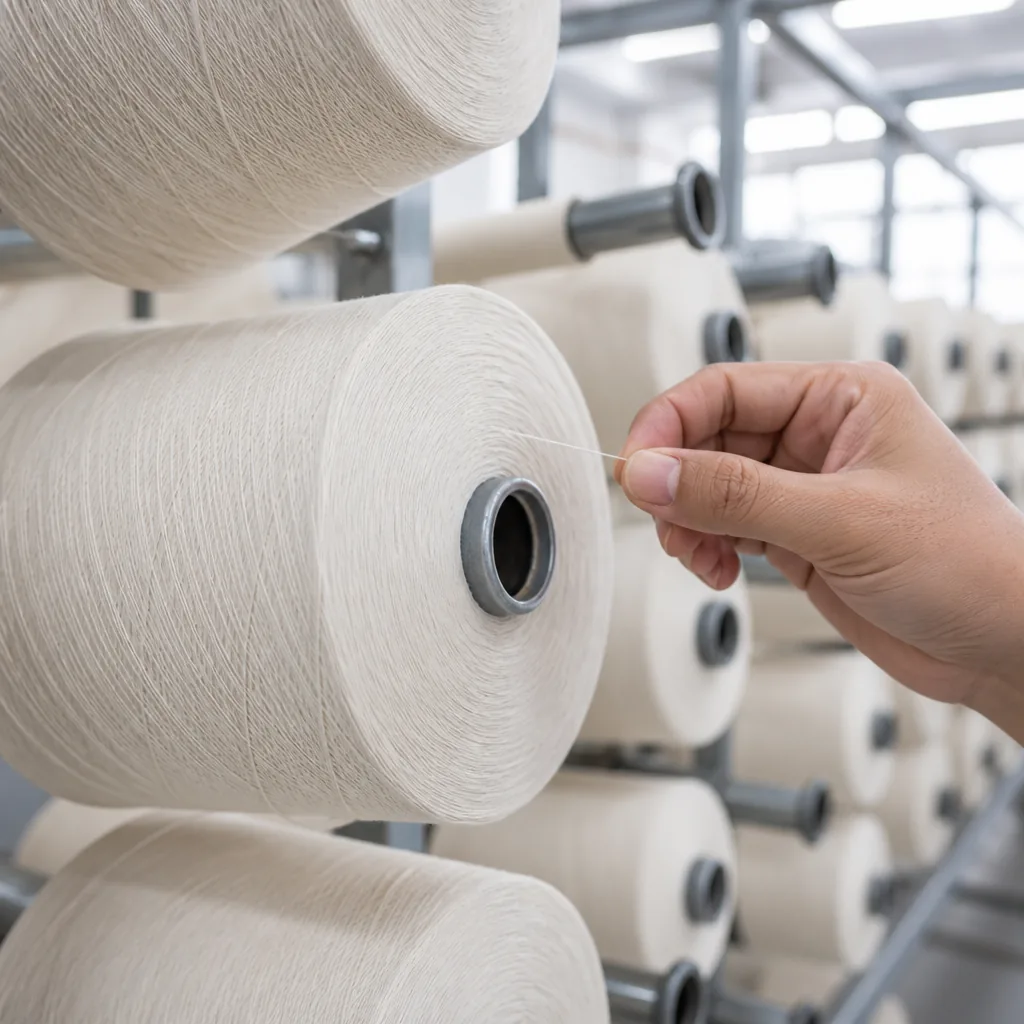 Raw cotton yarn cones on a creel rack, a single thread drawn by hand
