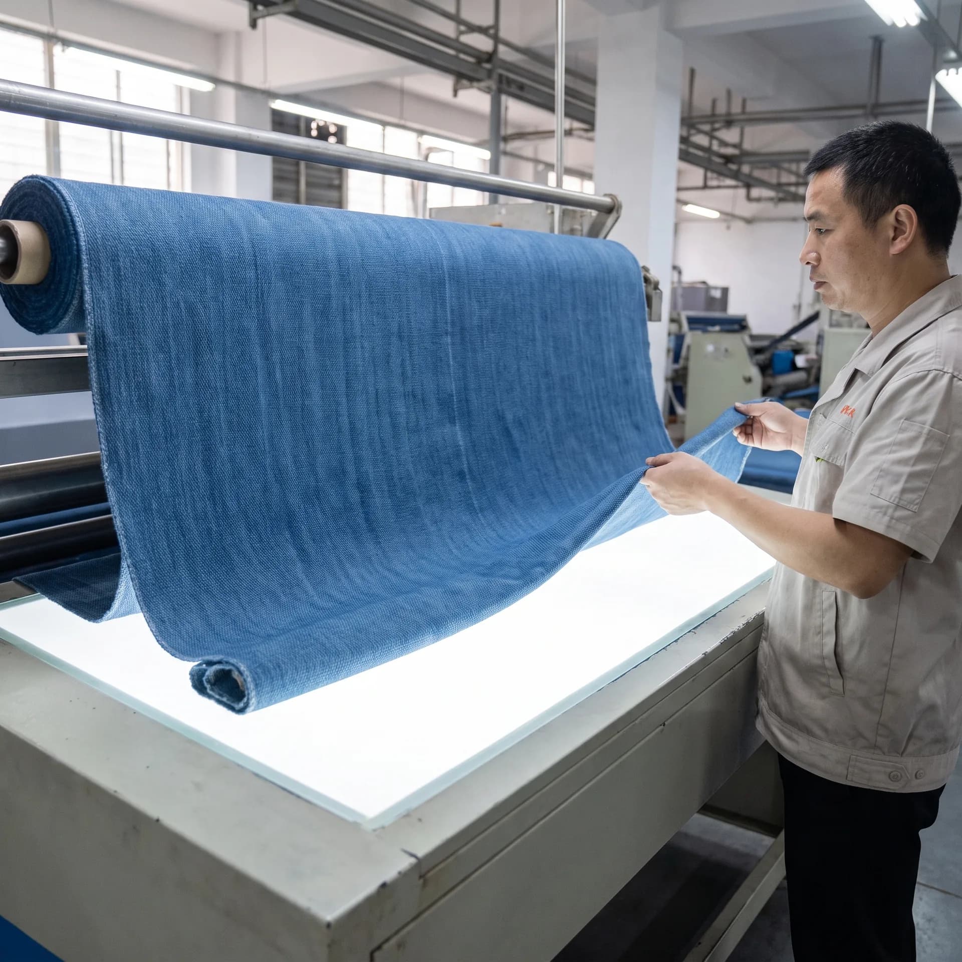 Quality check of finished denim fabric on a light table